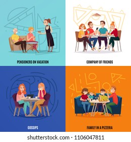 Four squares restaurant pub visitors concept with pensioners on vacations company of friends gossips and family in a pizzeria descriptions vector illustration