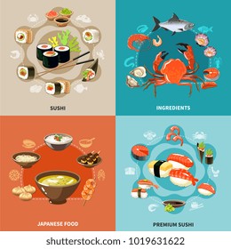 Four squares sushi concept set with ingredients Japanese food and premium sushi descriptions vector illustration