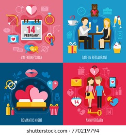 Four squares valentines day concept with date in restaurant romantic night and anniversary descriptions vector illustration
