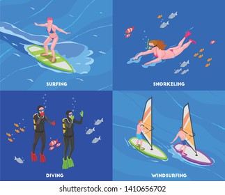 Four squares water sports isometric concept set with surfing snorkeling diving and windsurfing descriptions vector illustration