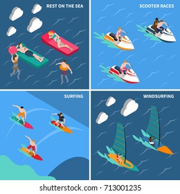 Four squares water sports isometric people icon set with rest on the sea scooter races surfing and windsurfing descriptions vector illustration