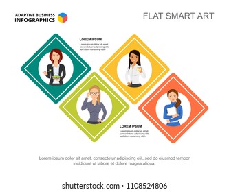 Four squares work process chart template for presentation. Business data visualization. Worker, teamwork, recruitment or marketing creative concept for infographic, report, project layout.