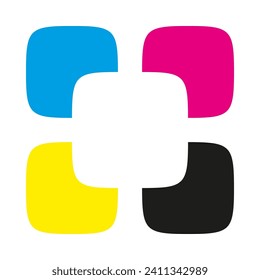 Four squircle shapes CMYK colours icon. An arrangement of colourful symbols with round corners. Isolated on a white background.