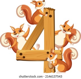 Four squirrel attached to number four illustration
