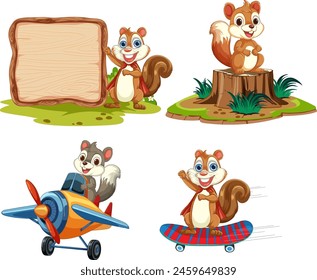 Four squirrels engaging in various fun activities
