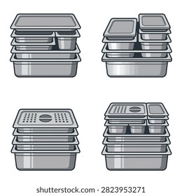 Four stacks of various stainless steel food pans and containers, some with lids and dividers, for food service.