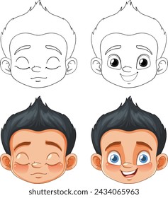 Four stages of a boy's face from sketch to color.