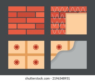 Vier Stufen der Wand-Isolierung aus Ziegeln. Bild der Wand, ihre Isolierung und Verputzung. Vektorgrafik.