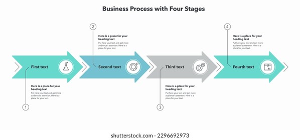 Four stages business process with arrows and minimalistic icons. Simple flat template for data visualization.