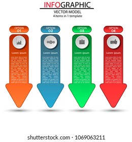 Four stages of infographics in the form of colored arrows. Can be used as a presentation, diagrams, graphics, business concepts, tables, workflow layouts.Infographics for business, advertising,web.