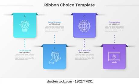 Four staggered ribbon-like elements or bookmarks with linear icons and letters connected to text boxes by dotted line. Concept of web menu interface. Infographic design template. Vector illustration.