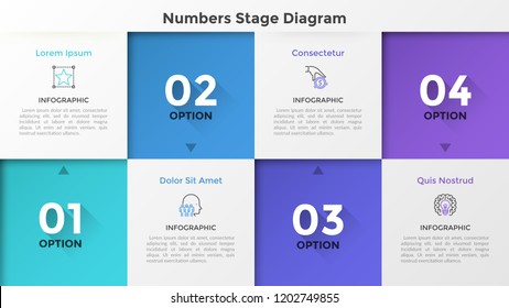 Four staggered square elements with numbers and arrows pointing at thin line icons and description. Concept of 4 stages of progress. Infographic design layout. Vector illustration for presentation.