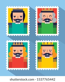 four stamps with nutcrackers cartoons. vector illustration