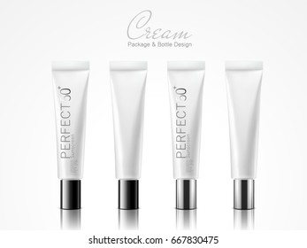 four standing white plastic tubes, for cream package design use, isolated white background 3d illustration