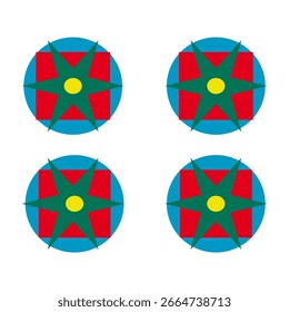 Iconos de cuatro estrellas. Conjunto de Formas de Vector. Diseño geométrico circular. Rojo azul amarillo verde.