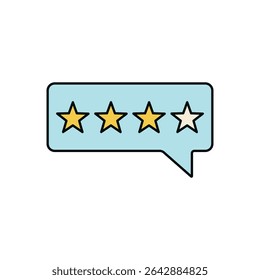 Four star rating in blue comment bubble with flat gold stars for product feedback illustration