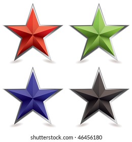 Four Star Shaped Icons With Silver Metal Bevel And Shadow