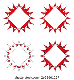 Four starburst frames. Red angular shapes. Geometric border Vector. Decorative radial elements. EPS 10.