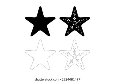 Four starfish depictions are shown: two solid silhouettes and two line art versions, all on a white background.