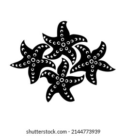 Vier Seesterne. Flaches Design Vectorfisches Symbol, Schwarz-Weiß-Form. Vektorgrafik der Nautical Marine Symbol. Einziger Muschelschreiber. Business Element.