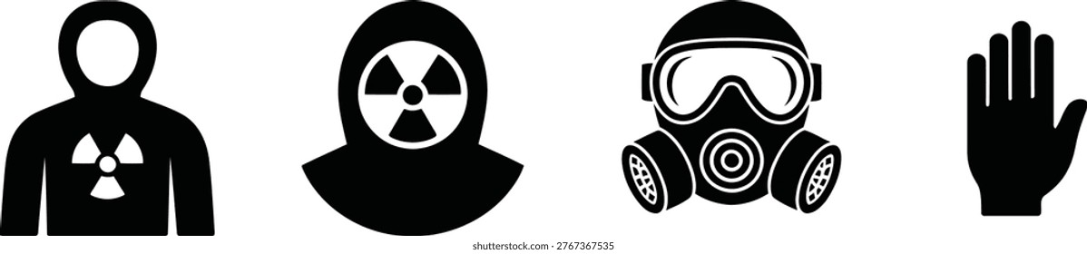 Four stark black and white figures are displayed, resembling masks or otherworldly beings, alongside a disembodied hand.