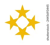 Four stars cross, hollow gold icon. A symbol made from a quartet of golden stars isolated on a white background.