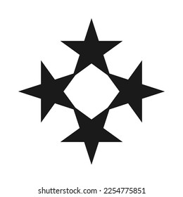 Four stars cross hollow shape icon. A symbol made from a quartet of star shapes. Isolated on a white background.