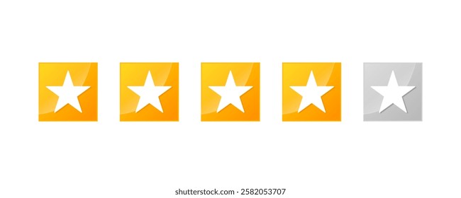 Four stars customer product review icon set. Four stars rating. Yellow 4 star flat icon for apps and websites. Quality, customer rating, feedback. Transparent png and vector illustration