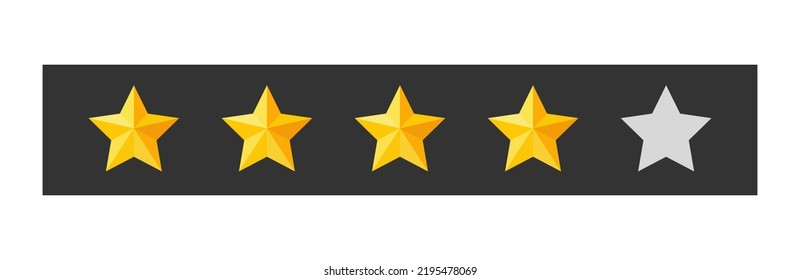 Four stars rating button. Yellow rating stars on dark backgrounds. Feedback evaluation in vector