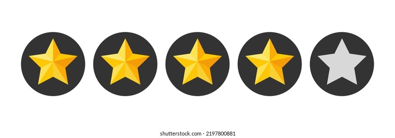 Four stars rating button. Yellow rating stars in dark circles backgrounds. Feedback evaluation in vector