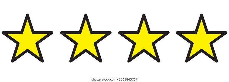 Four stars rating button. Yellow rating stars on dark backgrounds. Feedback evaluation in vector