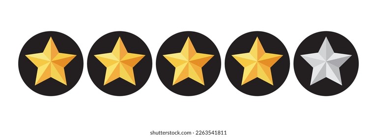 Four stars rating vector button. Yellow rating stars in dark circles backgrounds. 