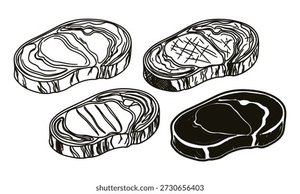 Cuatro filetes en diferentes estilos de cocina sobre fondo blanco