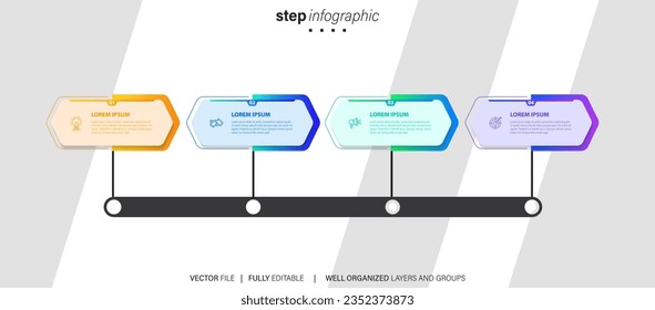 Four step arrow template for presentation. 4 steps options, elements, infographic.

