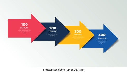 Plantilla de flecha de cuatro pasos para la presentación. 4 pasos opciones, elementos, infografía.