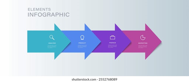 Four step arrow template for presentation. 4 steps options, elements, infographic.