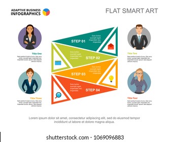 Four step chart editable template. Creative infographic design with triangles. Process diagram for presentation, project, report can be used for topics like business, management, strategy