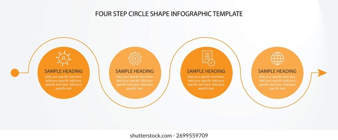 Diseño de Plantilla de infografías de cuatro pasos, diseño de infografías de círculo naranja