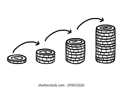 four step coins stair / cartoon vector and illustration, black and white, hand drawn, sketch style, isolated on white background.