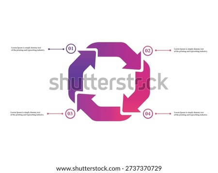Four step cycle diagram with gradient arrows and numbered markers. Ideal for business presentations and data flow.