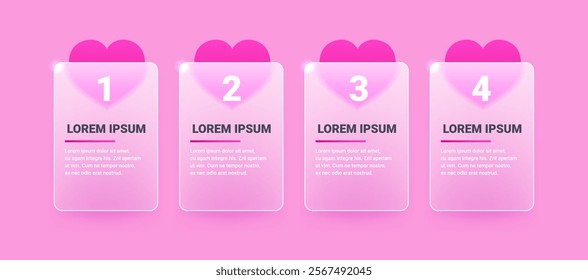 Four step glass morphism love infographic on pink background. Romantic horizontal vector statistics