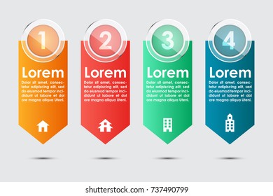 Four step hanging banner infographic template with shiny and glossy number buttons and space for text. Vector illustration of a colorful 4 step info chart with building icons and shadow.