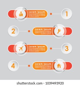 Four step infographic chart or diagram in red and orange colors isolated on gray background. Businecc infographic template with icons and buttons.