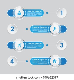 Four step infographic chart with shiny and glossy sliders and space for text. Vector illustration of blue colored chart with number and business icons.