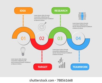 Four Step Infographic Design Template and Marketing icons. Diagram, Graph, Presentation and Circle Chart. Process concept 4 options, Idea, Target , Research , Teamwork 