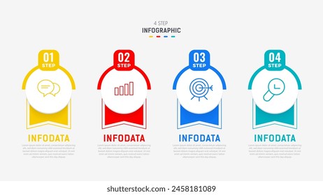 Plantilla de Vector de diseño de elementos de infografía de cuatro pasos para presentación. diagrama de procesos y pasos de presentaciones, diseño de flujo de trabajo, Anuncio, diagrama de flujo, Ilustración vectorial de infografía.