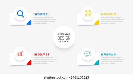 Plantilla de Vector de diseño de elementos de infografía de cuatro pasos para presentación. diagrama de procesos y pasos de presentaciones, diseño de flujo de trabajo, Anuncio, diagrama de flujo, Ilustración vectorial de infografía.