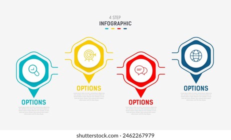 Vorlage der vierstufigen Infografik-Element-Design-Vektorgrafik für die Präsentation: Prozessdiagramm und Präsentationsschritt, Workflow-Layout, Banner, Flussdiagramm, Vektorillustration der Infografik.