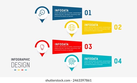 Plantilla de Vector de diseño de elementos de infografía de cuatro pasos para presentación. diagrama de procesos y pasos de presentaciones, diseño de flujo de trabajo, Anuncio, diagrama de flujo, Ilustración vectorial de infografía.