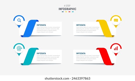 Vorlage der vierstufigen Infografik-Element-Design-Vektorgrafik für die Präsentation: Prozessdiagramm und Präsentationsschritt, Workflow-Layout, Banner, Flussdiagramm, Vektorillustration der Infografik.